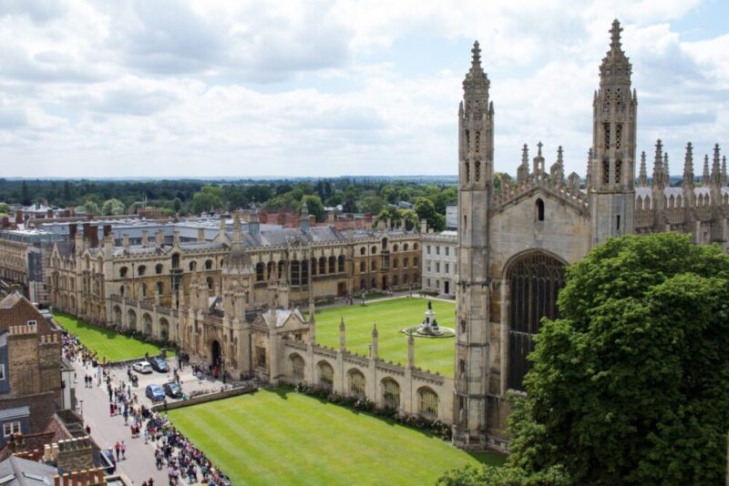 Aerial view of historic Cambridge University buildings and green courtyard