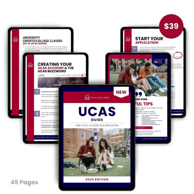 UCAS 2025 guide ebook cover and sample pages with tips for applications.