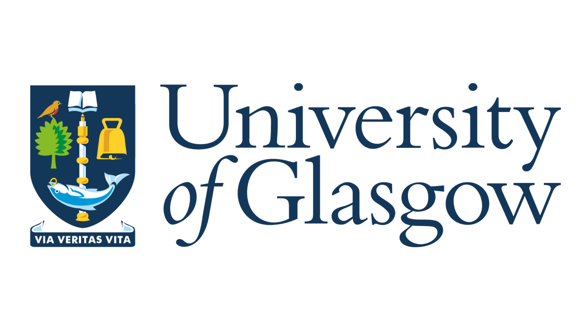 University of Glasgow logo with blue crest and Latin motto Via Veritas Vita