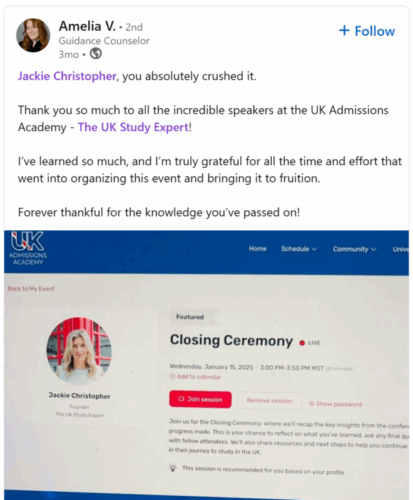LinkedIn post thanking UK Admissions Academy speakers