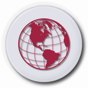 Icon of a red globe with grid lines on a white circular background