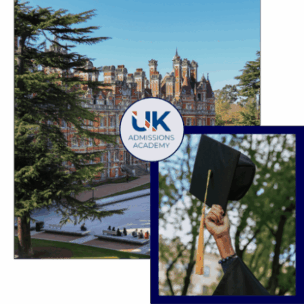UK Admissions Academy with a building and hand holding graduation cap