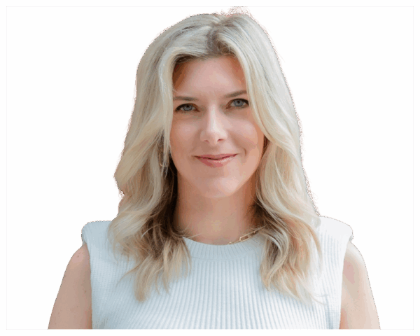 Portrait of a woman with blonde hair wearing a sleeveless white top, smiling