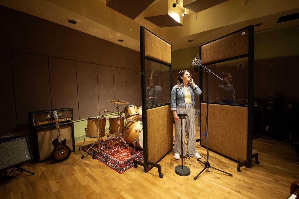 A recording and rehearsal room. with Hannah May Acting student and singer.