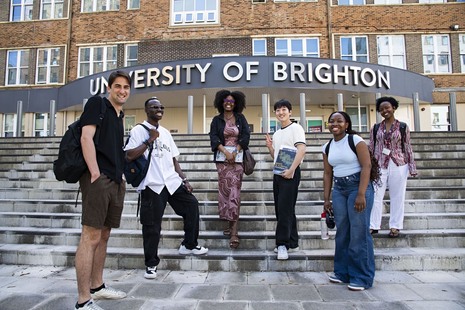 International students outside Mithras House, Moulsecoomb campus