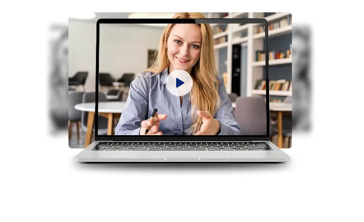 A woman appears on a laptop screen, engaged in a video presentation or meeting.
