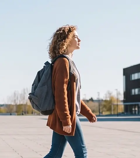 A woman carrying a backpack walks along a sidewalk, surrounded by greenery and urban scenery.