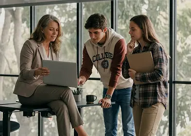 Three colleagues collaborating on a laptop in a modern office setting.