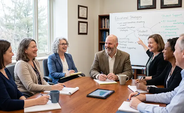 Several individuals in business attire gathered at a table in a conference room, collaborating on a project.