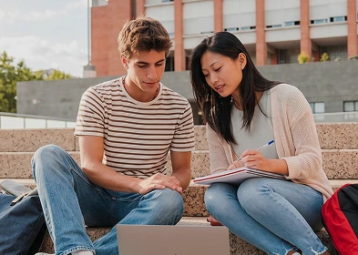 A student engages with a teacher at a laptop, highlighting interactive learning and mentorship in an educational context.