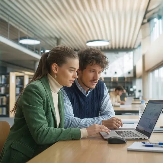 A man and woman in a library, focused on a laptop screen, surrounded by bookshelves.