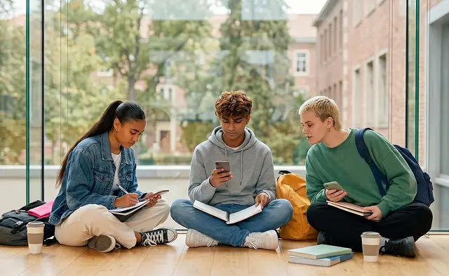 Three students sitting on the floor, each engaged with their smartphones, sharing a moment of connection.