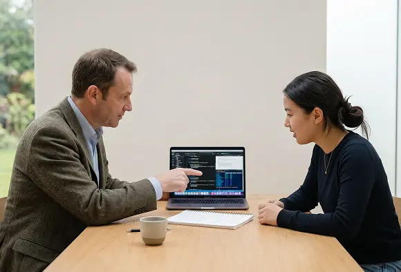 Two individuals seated at a table, collaborating on a laptop, engaged in discussion and sharing ideas.