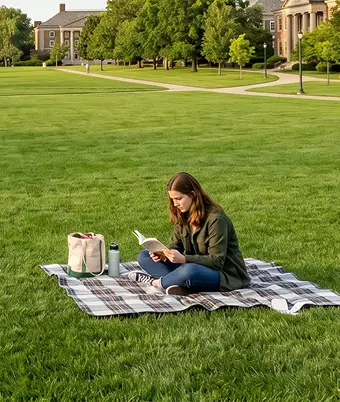 A woman sits on a blanket outdoors, engrossed in reading a book under natural light.