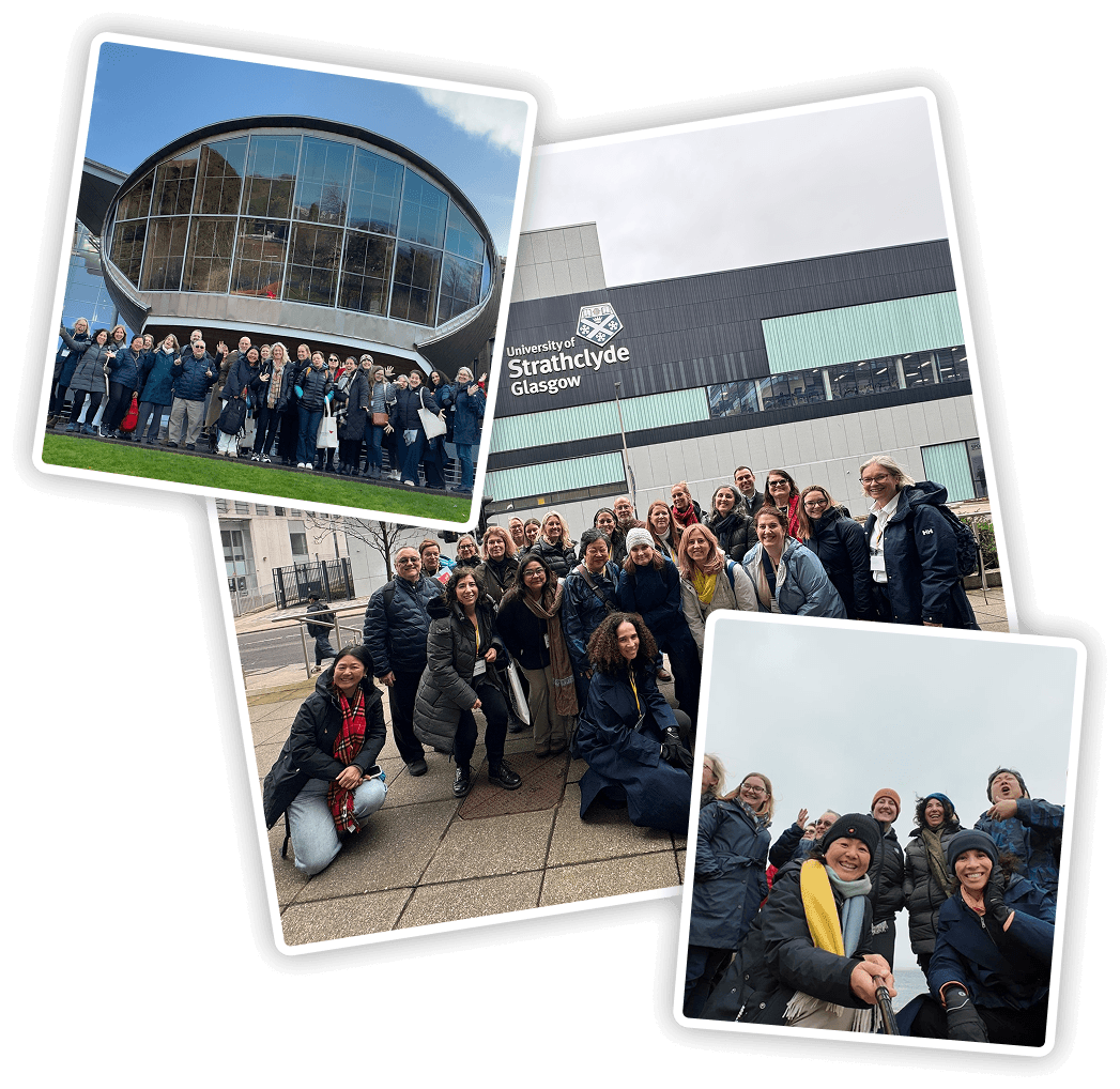 A collage featuring diverse individuals posing in front of a modern building, showcasing community and engagement.