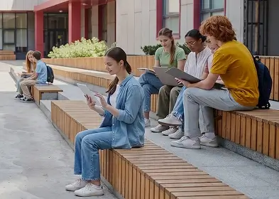 Several people on benches, focused on their laptops, creating a communal workspace in an outdoor setting.