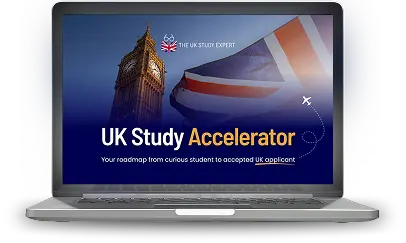 Logo of UK Study Accelerator, featuring a stylized design representing educational growth and support for students.