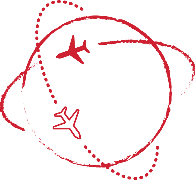 Icon of an airplane within a red circle, symbolizing air travel.
