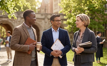 Three individuals engaged in conversation outside a building, showcasing a casual discussion in an urban setting.