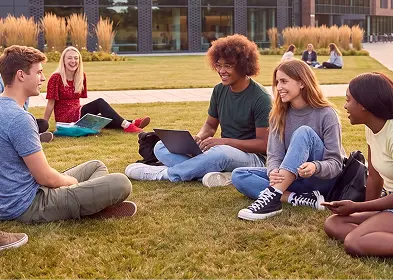 Several students sitting on the grass with laptops, focused on their studies in a sunny outdoor setting.