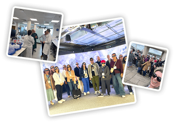 A collage featuring diverse individuals interacting in a room, showcasing various expressions and activities.