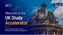 UK Study Accelerator website displayed on a blue background, featuring educational resources and navigation options.
