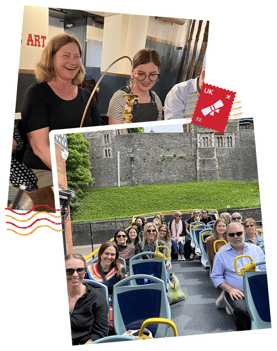 A collection of images depicting passengers on a bus, highlighting their unique personalities and moments of travel.